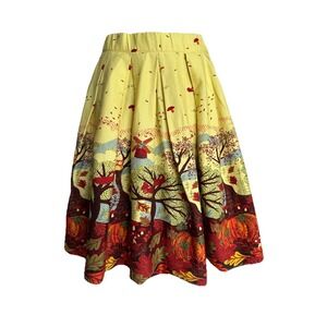 Girstunm Story Telling Skirt Pockets A-Line Pleated Autumn Owls Pumpkins Size XS